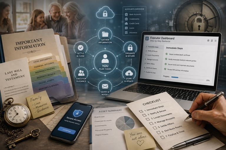 A desk holding a last will and testament, a labelled folder of financial
              and legal documents, and a laptop showing a step-by-step executor dashboard.
